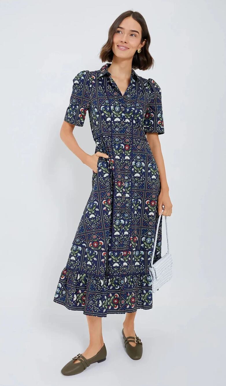 Hunter Bell Tuckernuck Greta Midi Button Collared Shirt Dress Navy Trellis 6